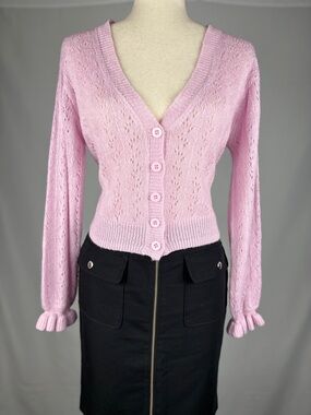 Princess Polly Pink Knit Cardigan Eyelet Button Front Fitted M/L